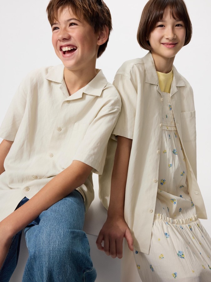 Kids Linen Blend Open Collar Shirt Short Sleeve