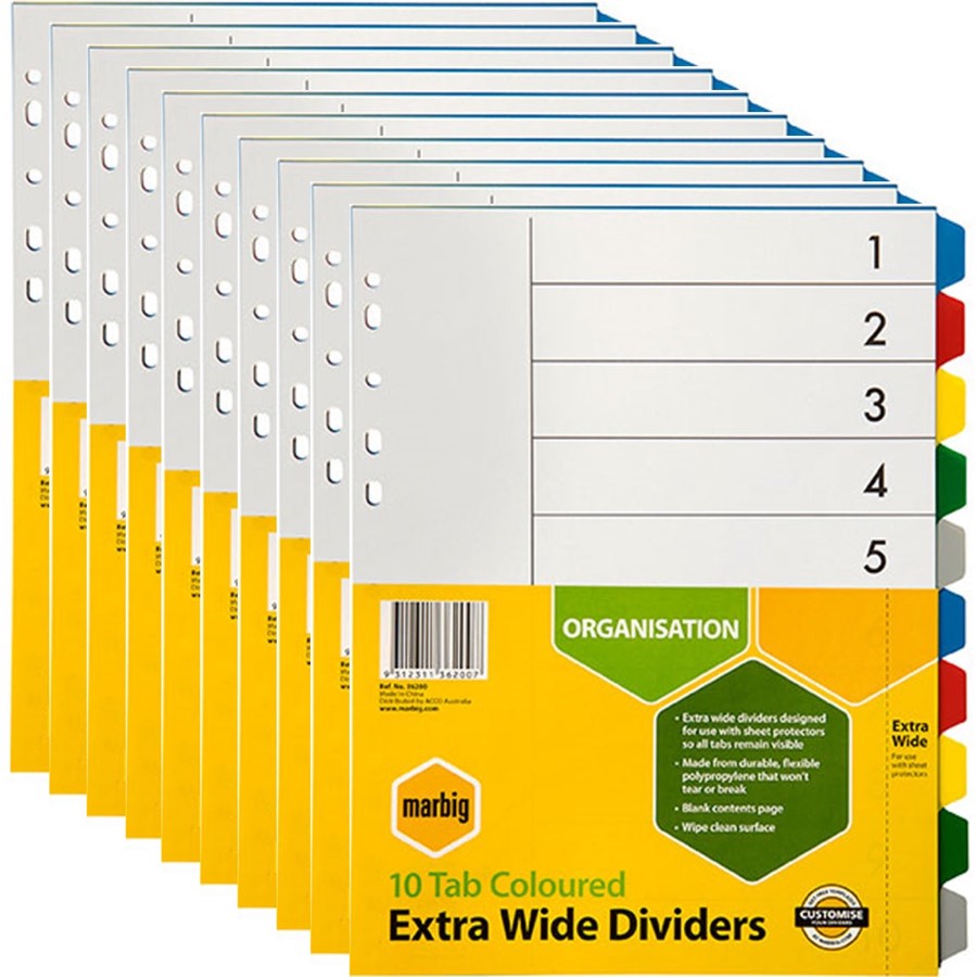 Marbig Extra Wide Dividers Pp 10-tab A4 Assorted Colours 10